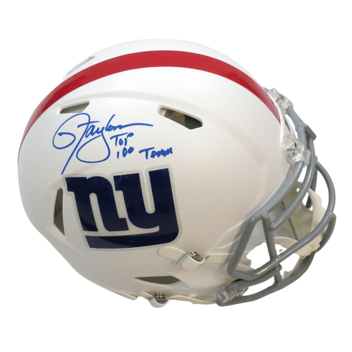 Lawrence Taylor Signed New York Giants Riddell Matte White Speed Authentic Full Size Helmet W/ Top 100 Team Beckett Witness-Powers Sports Memorabilia