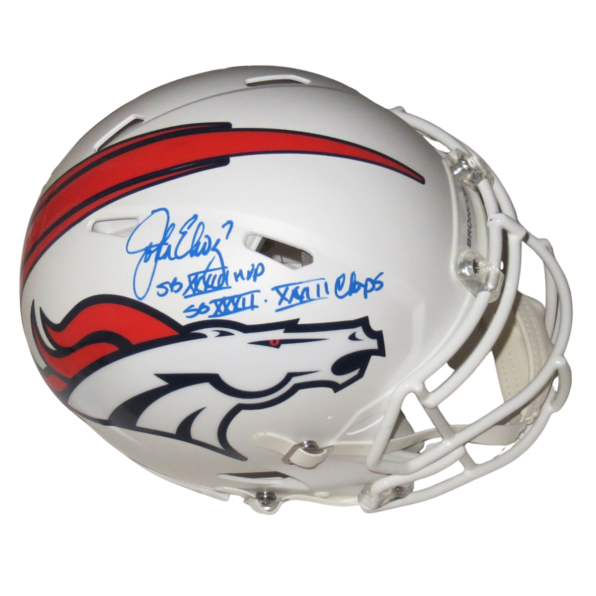 John Elway Autographed Denver Broncos Riddell Matte White Speed Authentic Helmet W/ Super Bowl XXXII & XXXIII Champs Beckett Authenticated-Powers Sports Memorabilia