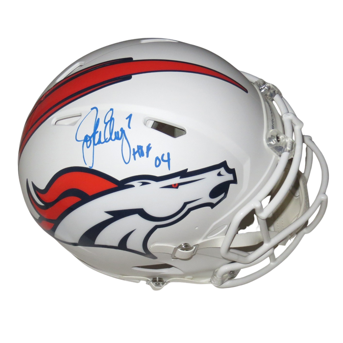 John Elway Signed Denver Broncos Riddell Matte White Speed Authentic Full Size Helmet W/ HOF 04 - Beckett-Powers Sports Memorabilia