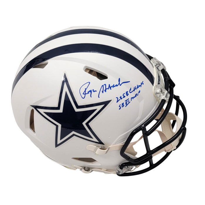 Roger Staubach Signed Dallas Cowboys Riddell Matte White Authentic Full Size Helmet W/SB VI MVP & 2X SB Champs - Beckett-Powers Sports Memorabilia