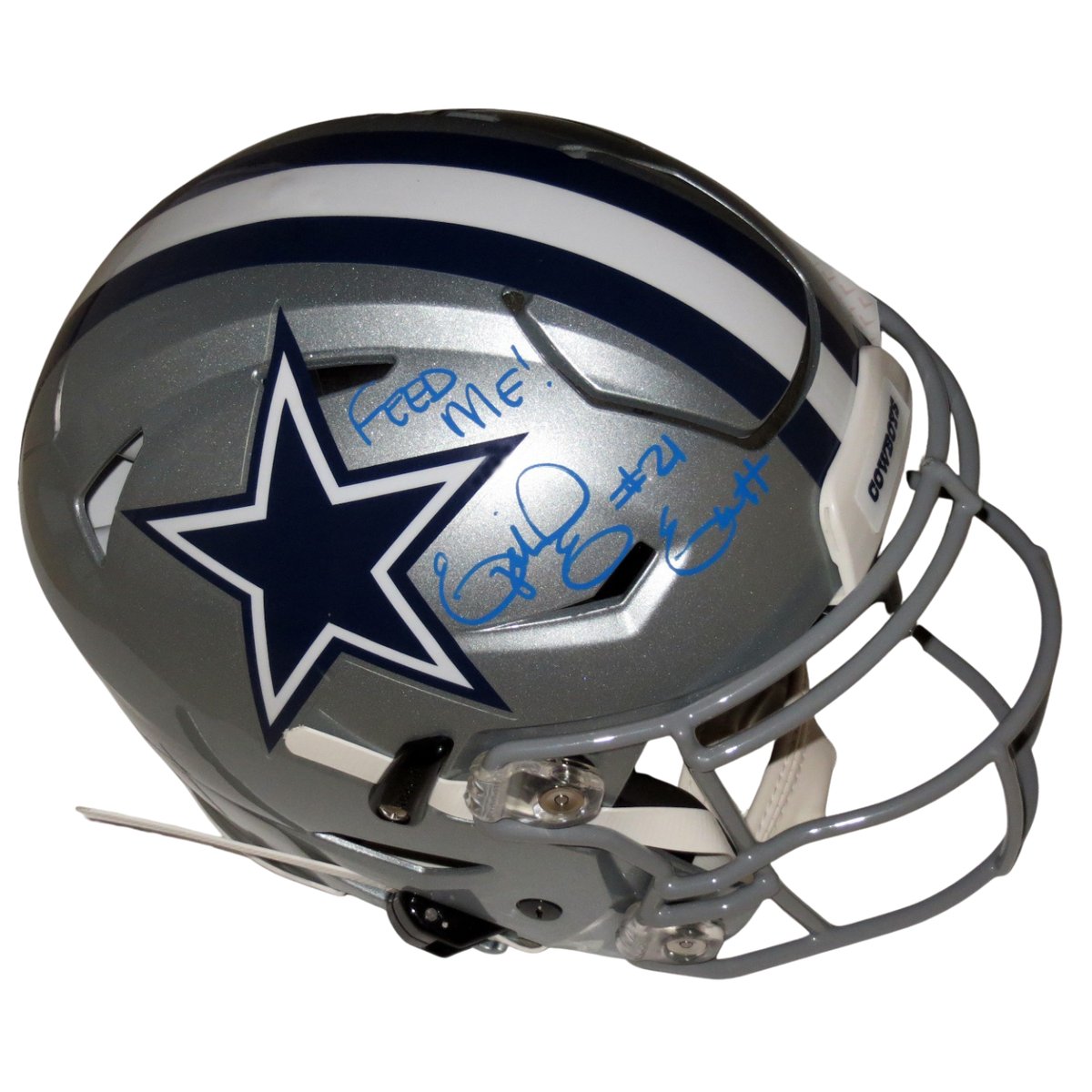 Ezekiel Elliott Autographed Dallas Cowboys Riddell Speed Flex Authentic Helmet W/Feed Me in Blue Paint Beckett Witnessed-Powers Sports Memorabilia