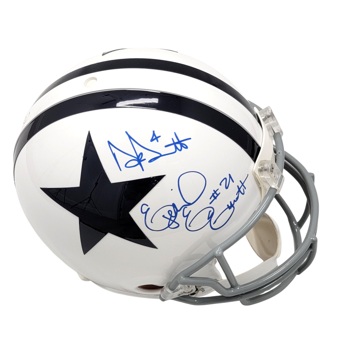 Dak Prescott & Ezekiel Elliott Signed Dallas Cowboys Riddell White Throwback Pro Line Authentic Full Size Helmet Beckett Witness-Powers Sports Memorabilia