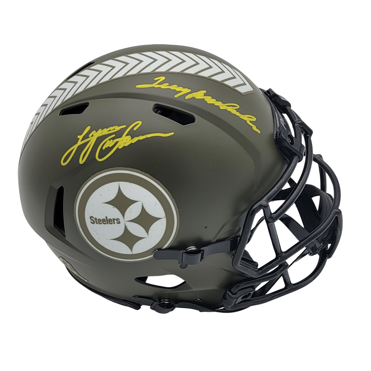 Terry Bradshaw Lynn Swann Signed Pittsburgh Steelers Authentic Salute To Service STS Full Size Helmet Beckett-Powers Sports Memorabilia