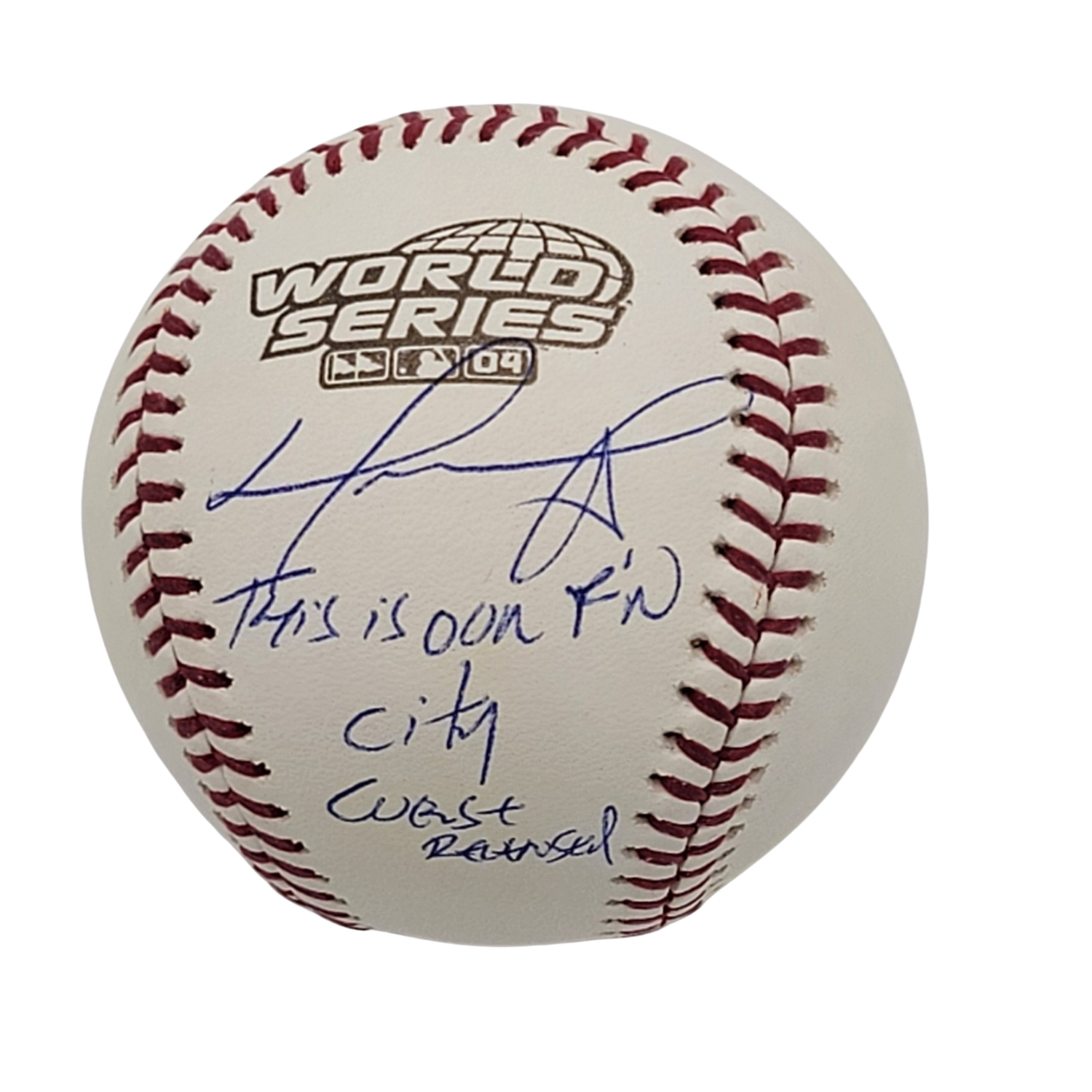 David Ortiz Signed Boston Red Sox 2004 World Series Baseball W/ This is our F'n City & Curse Reversed - Beckett-Powers Sports Memorabilia