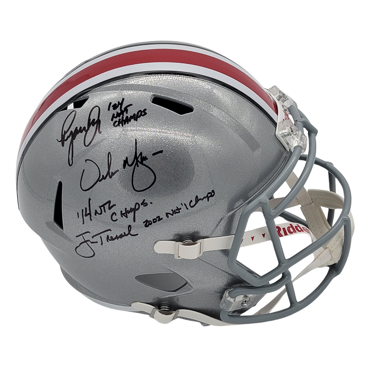 Ryan Day Urban Meyer & Jim Tressel Signed Ohio State Replica Full Size Helmet W/ Champs - Beckett-Powers Sports Memorabilia