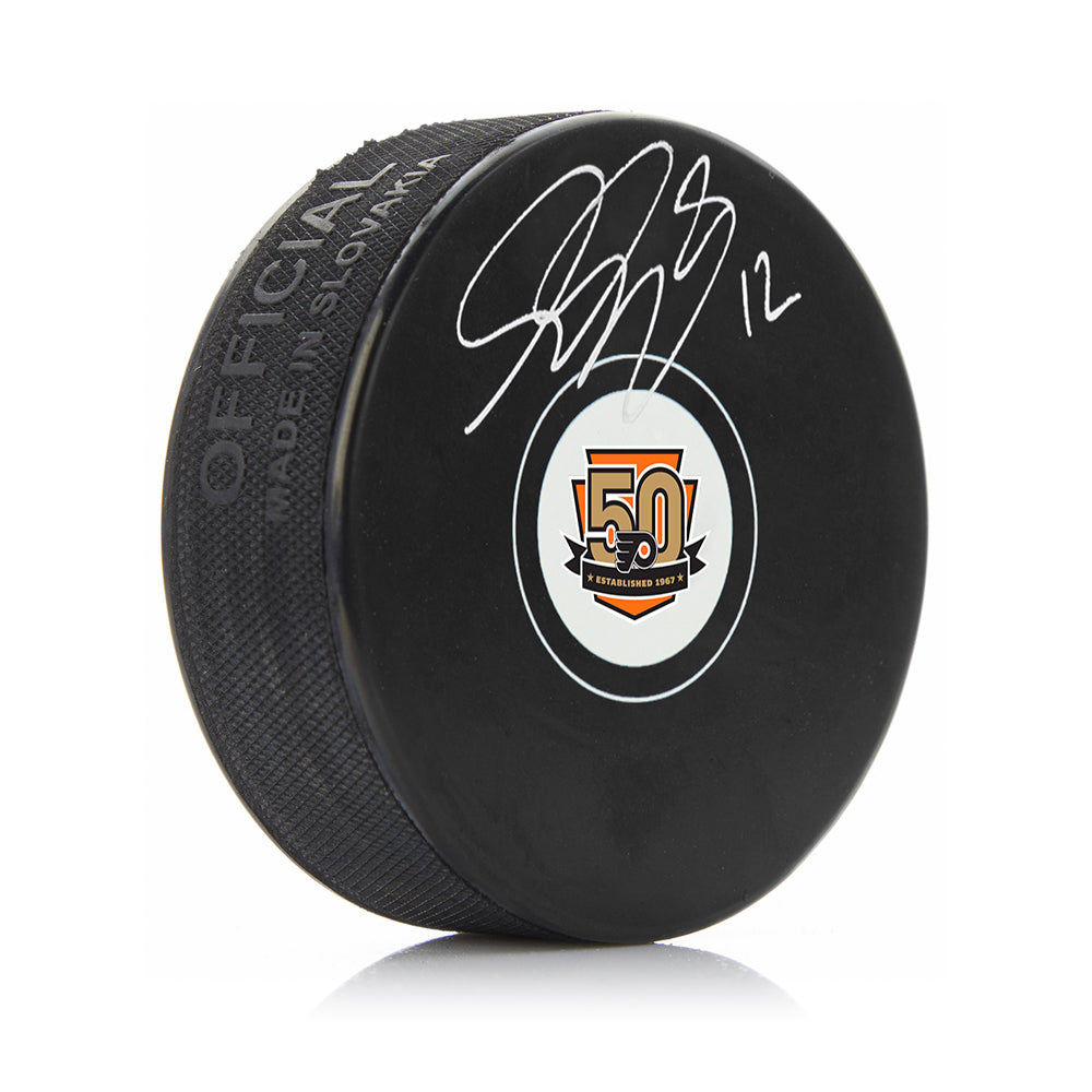 Simon Gagné Signed Philadelphia Flyers 50th Anniversary Hockey Puck-Powers Sports Memorabilia