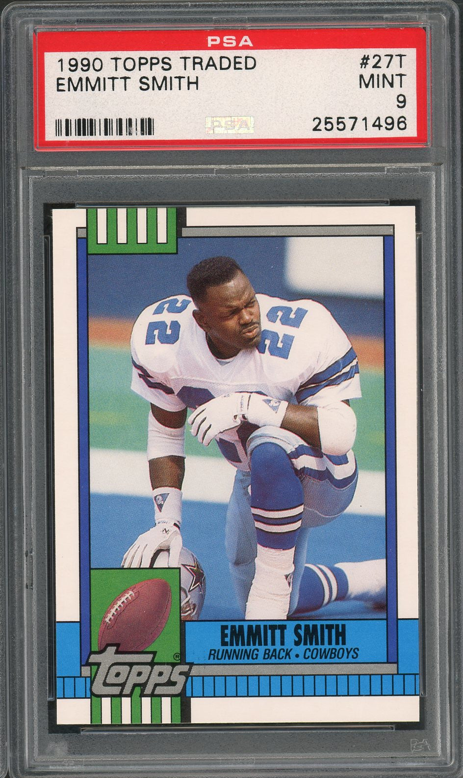 Emmitt Smith 1990 Topps Traded Football Rookie Card RC #27T Graded PSA 9 MINT-Powers Sports Memorabilia