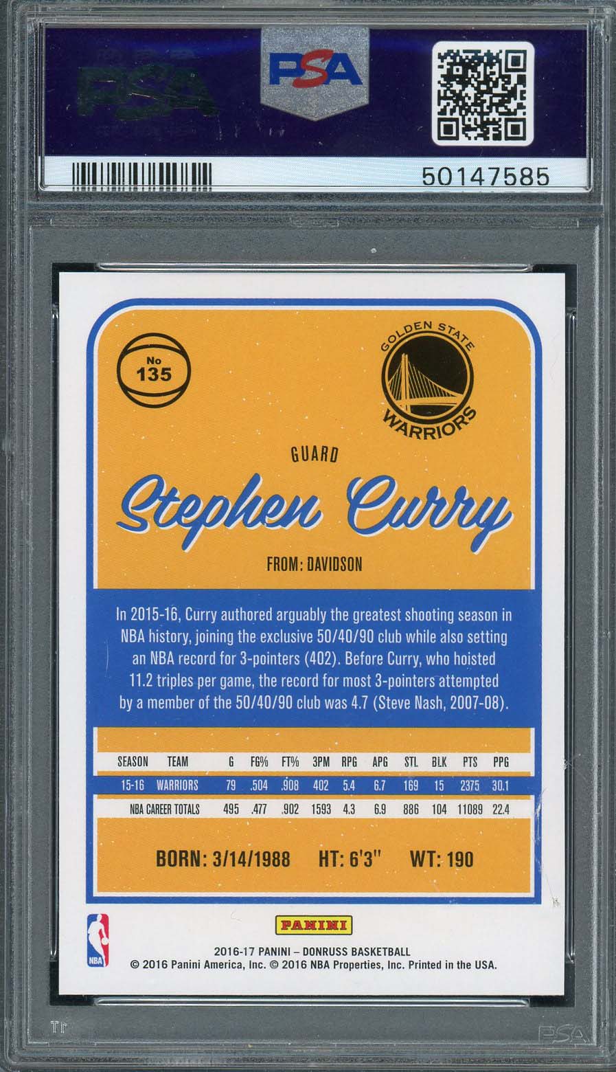 Stephen Curry 2016 Panini Donruss Basketball Card #135 Graded PSA 10-Powers Sports Memorabilia