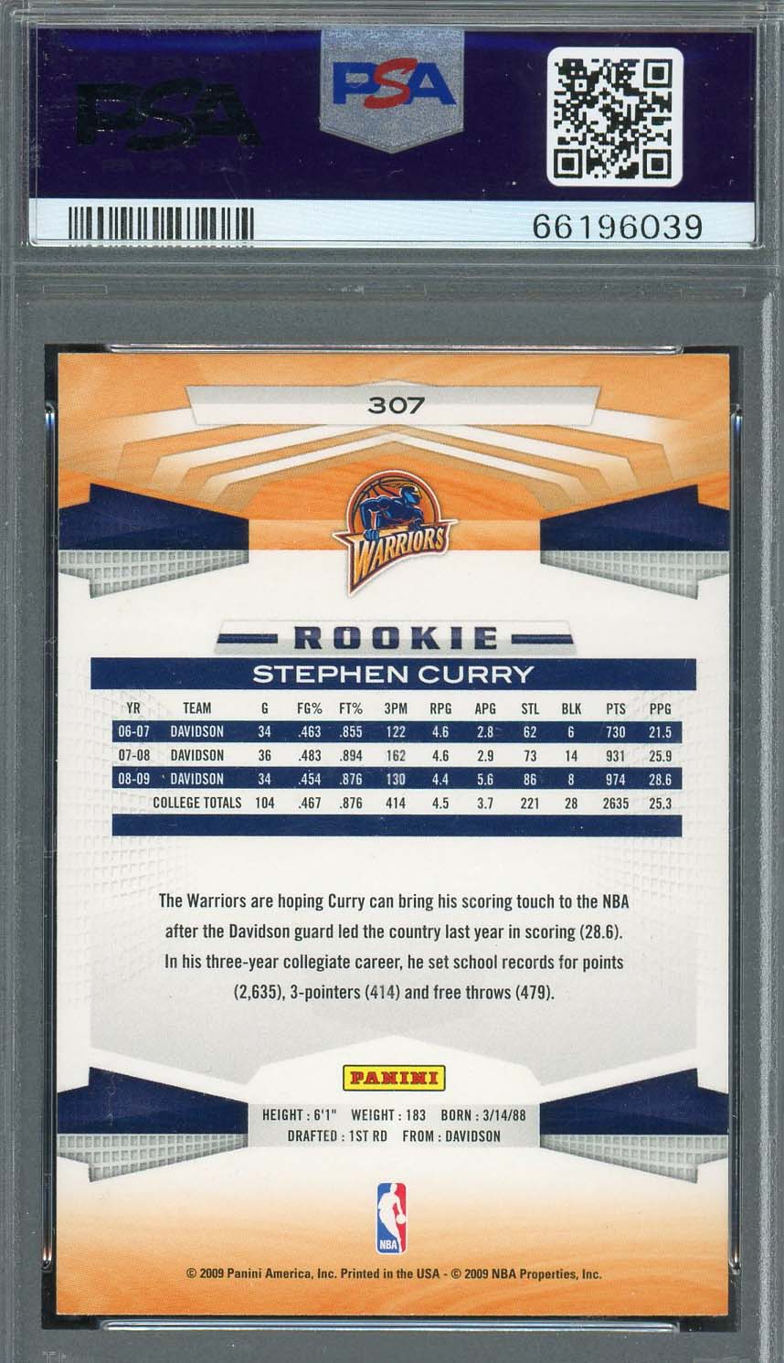 Stephen Curry 2009 Panini Basketball Rookie Card RC #307 Graded PSA 8-Powers Sports Memorabilia