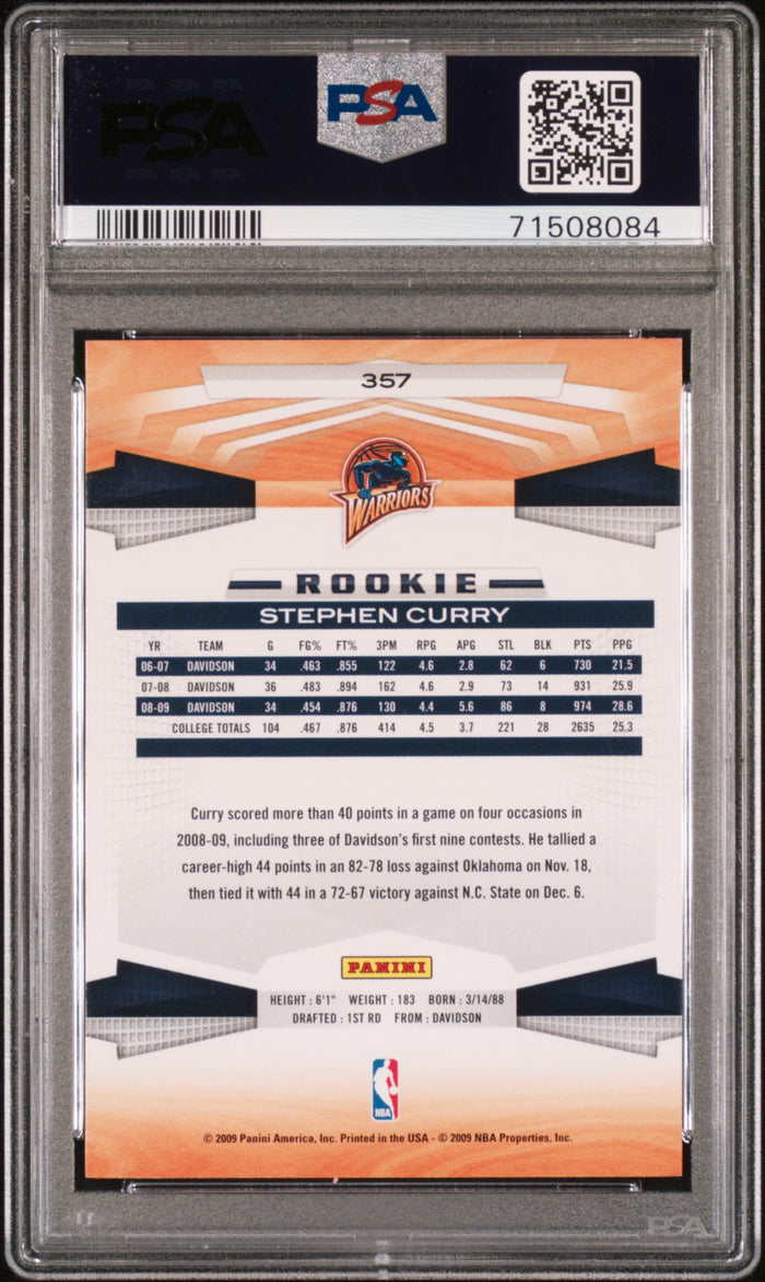 Stephen Curry 2009 Panini Basketball Rookie Card RC #357 Graded PSA 7-Powers Sports Memorabilia