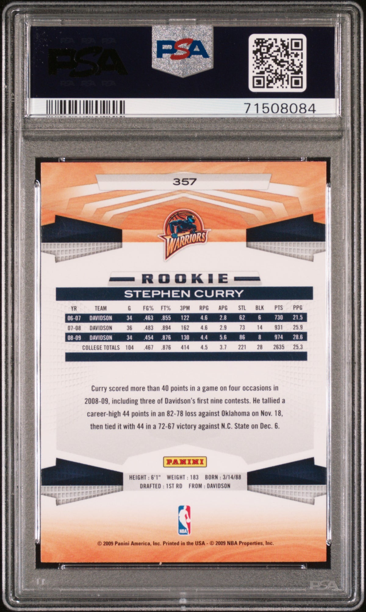 Stephen Curry 2009 Panini Basketball Rookie Card RC #357 Graded PSA 7-Powers Sports Memorabilia