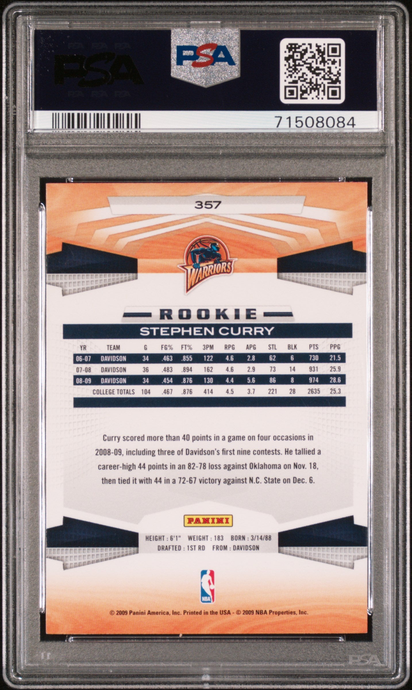 Stephen Curry 2009 Panini Basketball Rookie Card RC #357 Graded PSA 7-Powers Sports Memorabilia