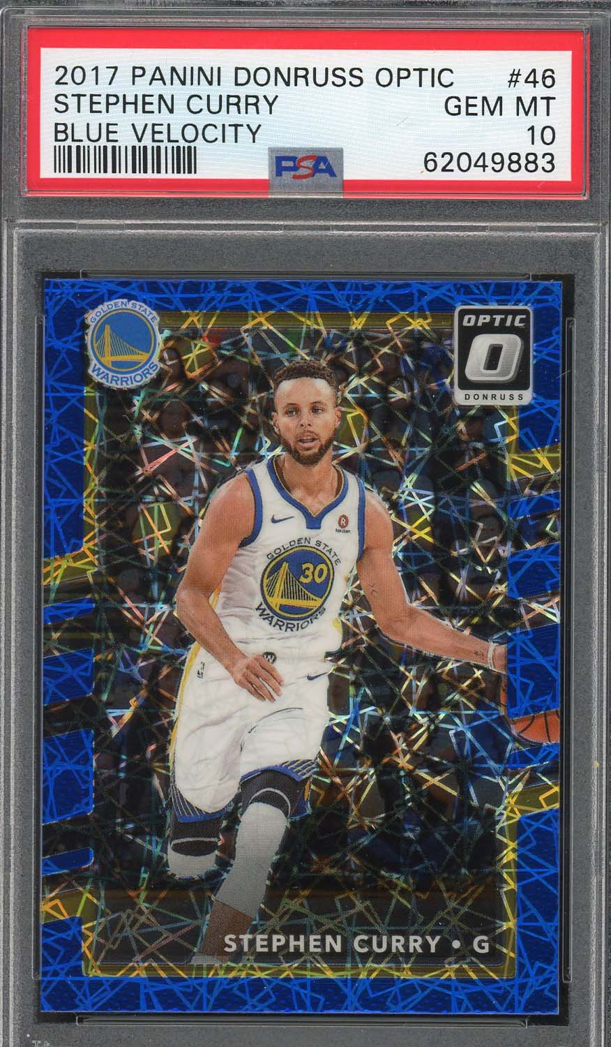 Stephen Curry 2017 Panini Donruss Optic Blue Velocity Basketball Card #46 PSA 10-Powers Sports Memorabilia