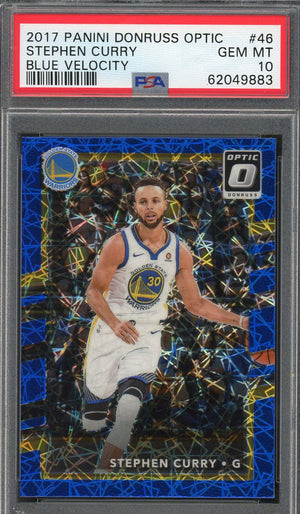 Stephen Curry 2017 Panini Donruss Optic Blue Velocity Basketball Card #46 PSA 10-Powers Sports Memorabilia