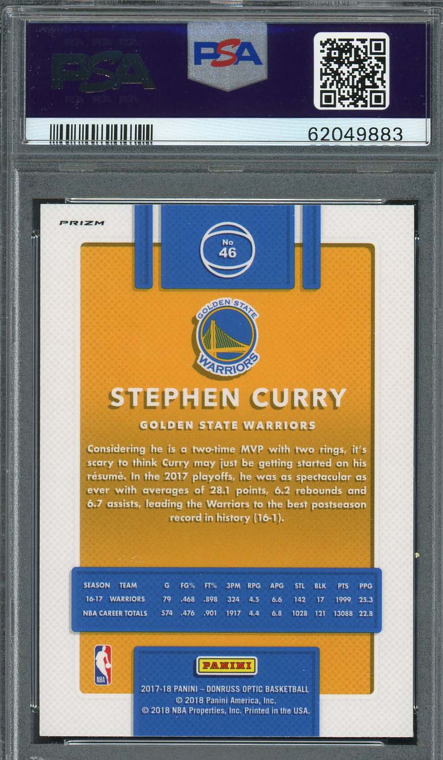 Stephen Curry 2017 Panini Donruss Optic Blue Velocity Basketball Card #46 PSA 10-Powers Sports Memorabilia