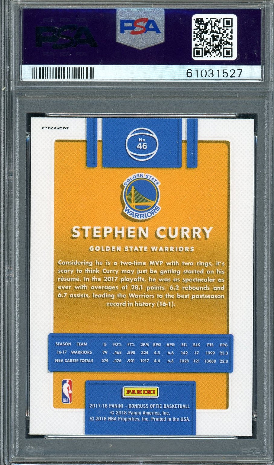 Stephen Curry 2017 Panini Donruss Optic Holo Basketball Card #46 Graded PSA 10-Powers Sports Memorabilia