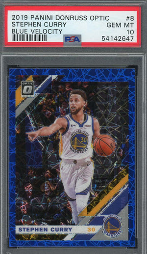 Stephen Curry 2019 Panini Donruss Optic Blue Velocity Basketball Card #8 PSA 10-Powers Sports Memorabilia