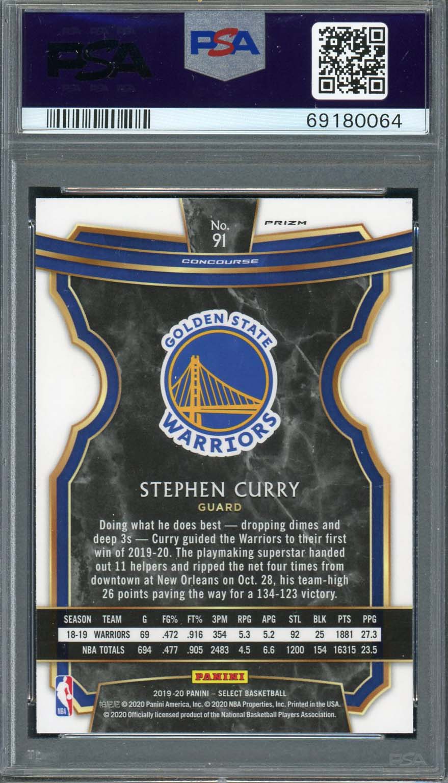 Stephen Curry 2019 Panini Select Silver Prizm Basketball Card #91 Graded PSA 10-Powers Sports Memorabilia