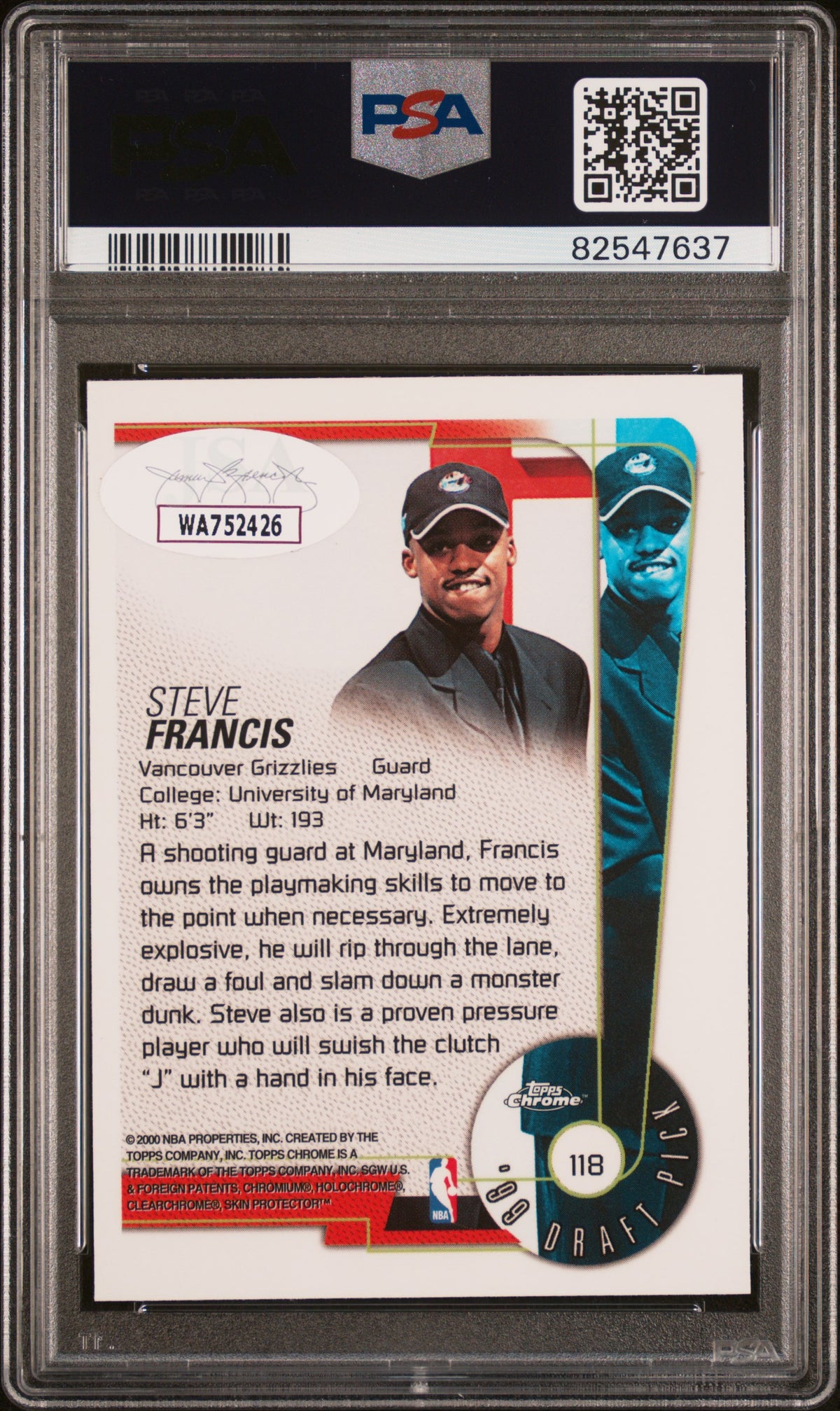 Steve Francis 1999 Topps Chrome Signed Rookie Card #118 Auto PSA 10 82547637-Powers Sports Memorabilia