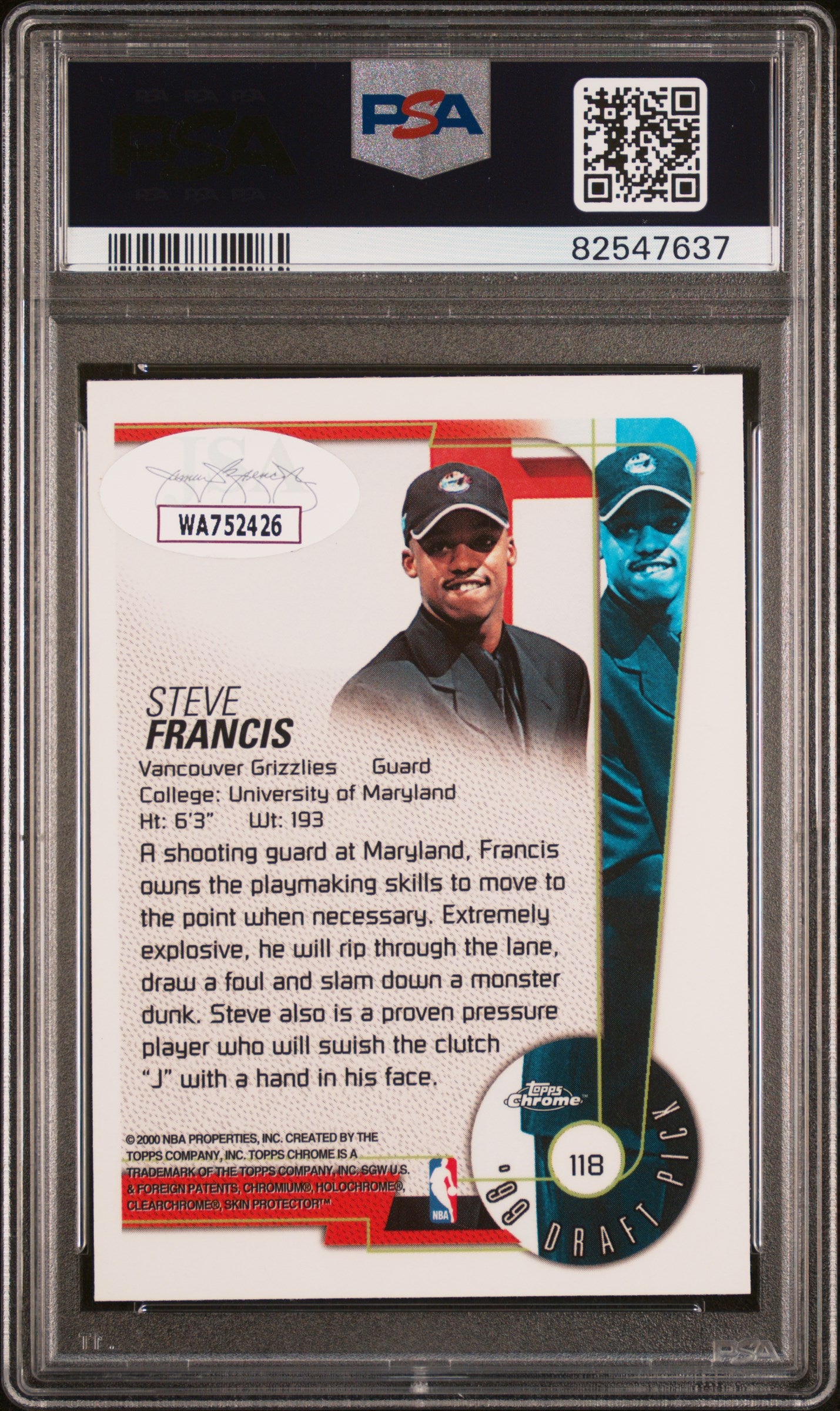 Steve Francis 1999 Topps Chrome Signed Rookie Card #118 Auto PSA 10 82547637-Powers Sports Memorabilia