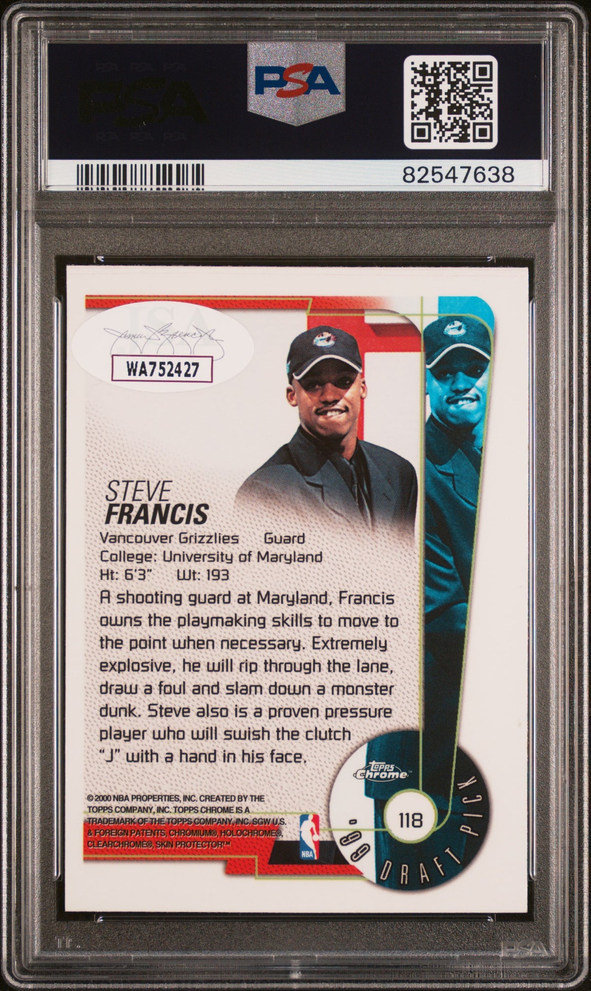 Steve Francis 1999 Topps Chrome Signed Rookie Card #118 Auto PSA 10 82547638-Powers Sports Memorabilia