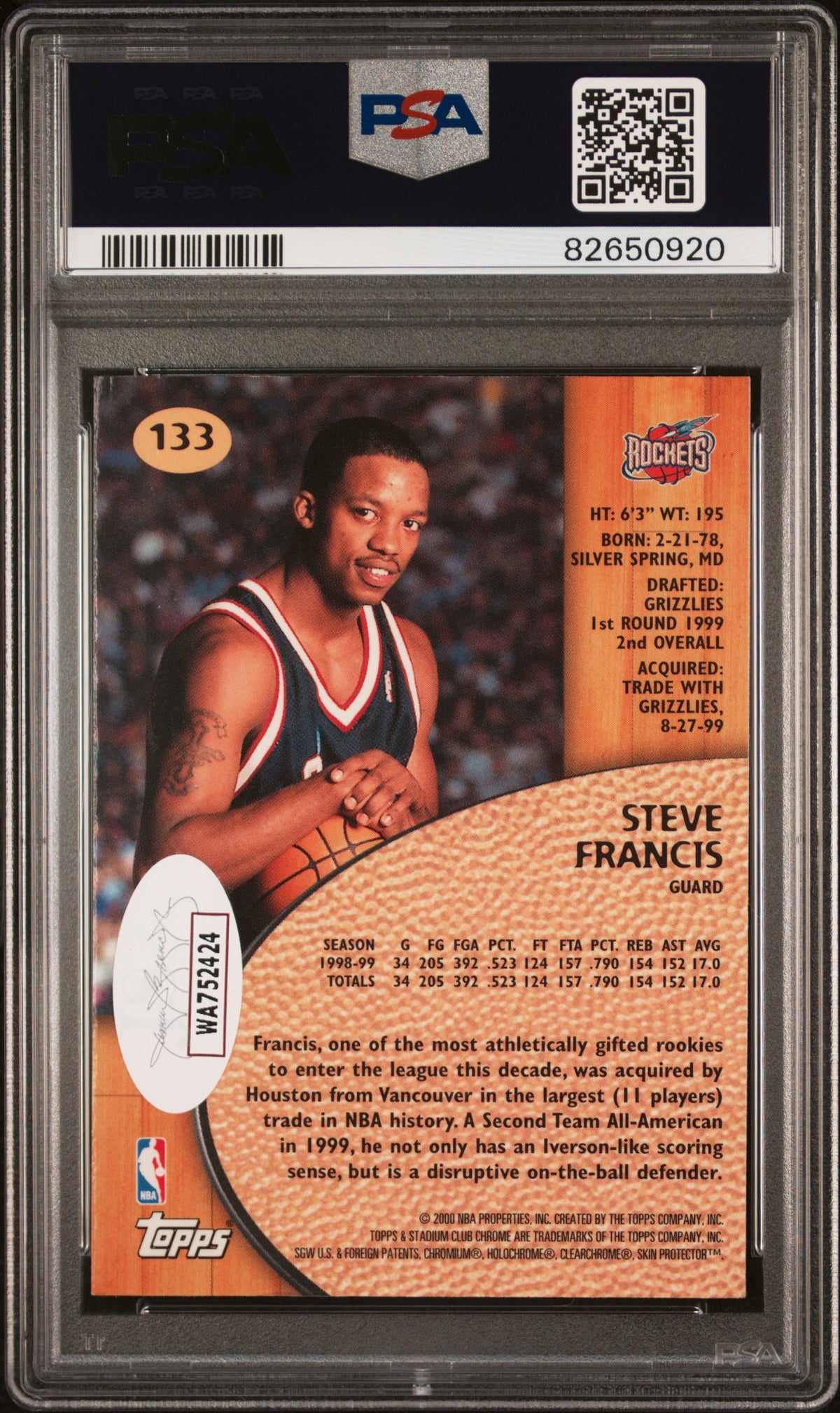 Steve Francis 1999 Topps Stadium Club Chrome Signed Rookie Card #133 Auto PSA 10