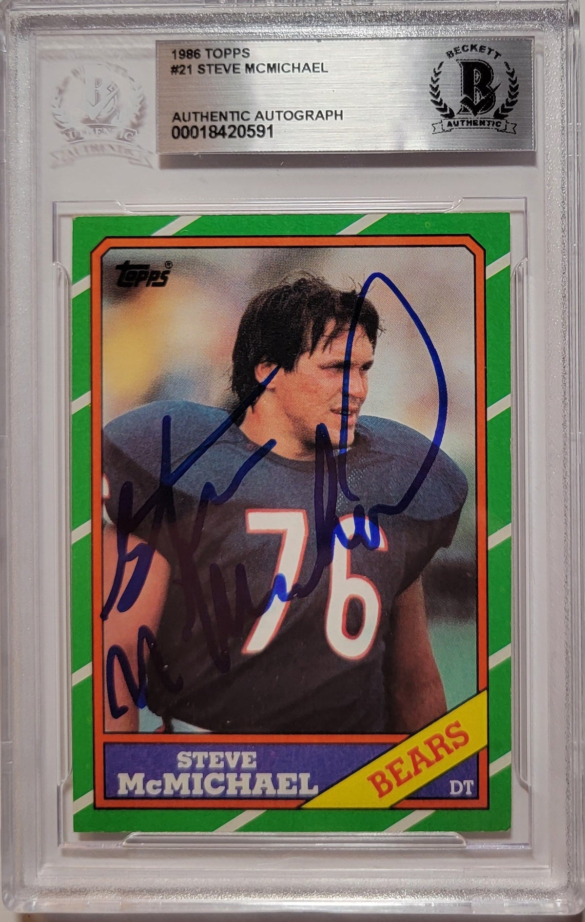 Steve McMichael Signed Chicago Bears 1986 Topps Card #21 - Beckett-Powers Sports Memorabilia