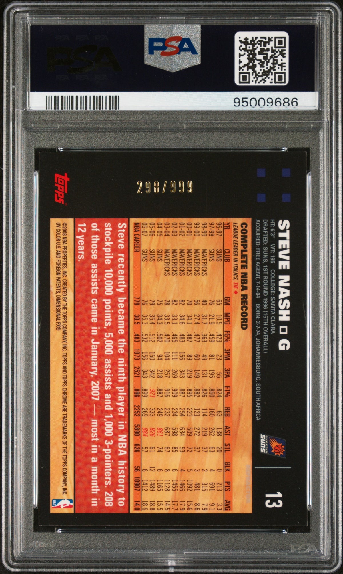 Steve Nash 2007 Topps Chrome Refractor Signed Card #13 Auto Graded PSA 10 298/999-Powers Sports Memorabilia