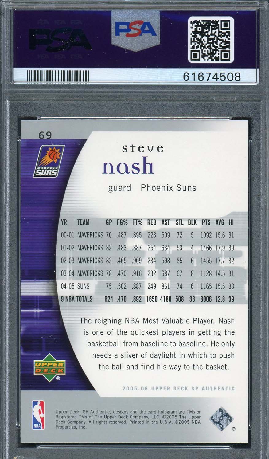 Steve Nash 2005 Upper Deck SP Authentic Basketball Card #69 Graded PSA 9-Powers Sports Memorabilia