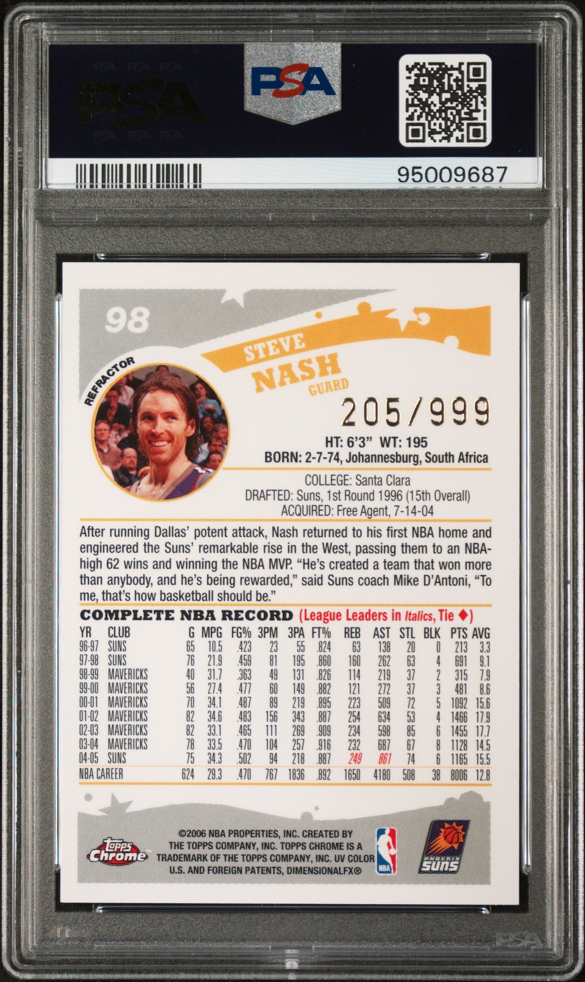 Steve Nash 2005 Topps Chrome Refractor Signed Card #98 Auto Graded PSA 10 205/999