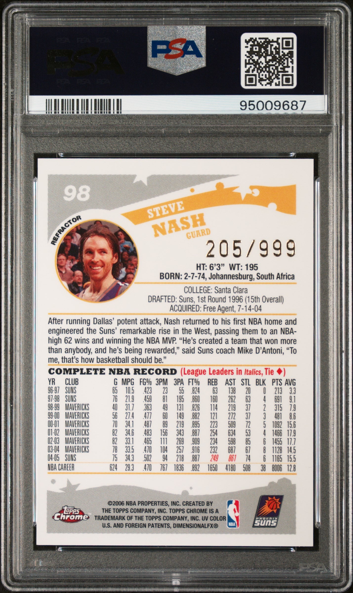 Steve Nash 2005 Topps Chrome Refractor Signed Card #98 Auto Graded PSA 10 205/999-Powers Sports Memorabilia