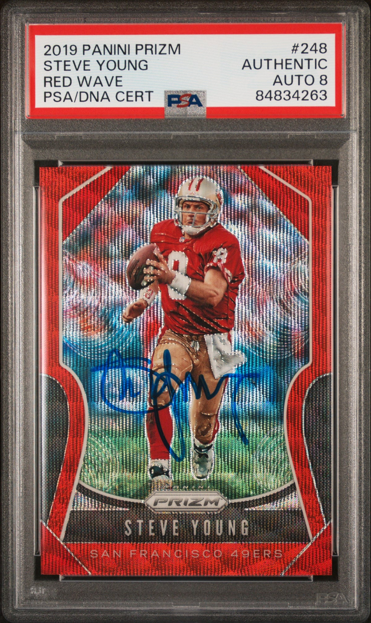 Steve Young 2019 Panini Prizm Red Wave Signed Card 248 Auto Graded PSA 8 106/149-Powers Sports Memorabilia