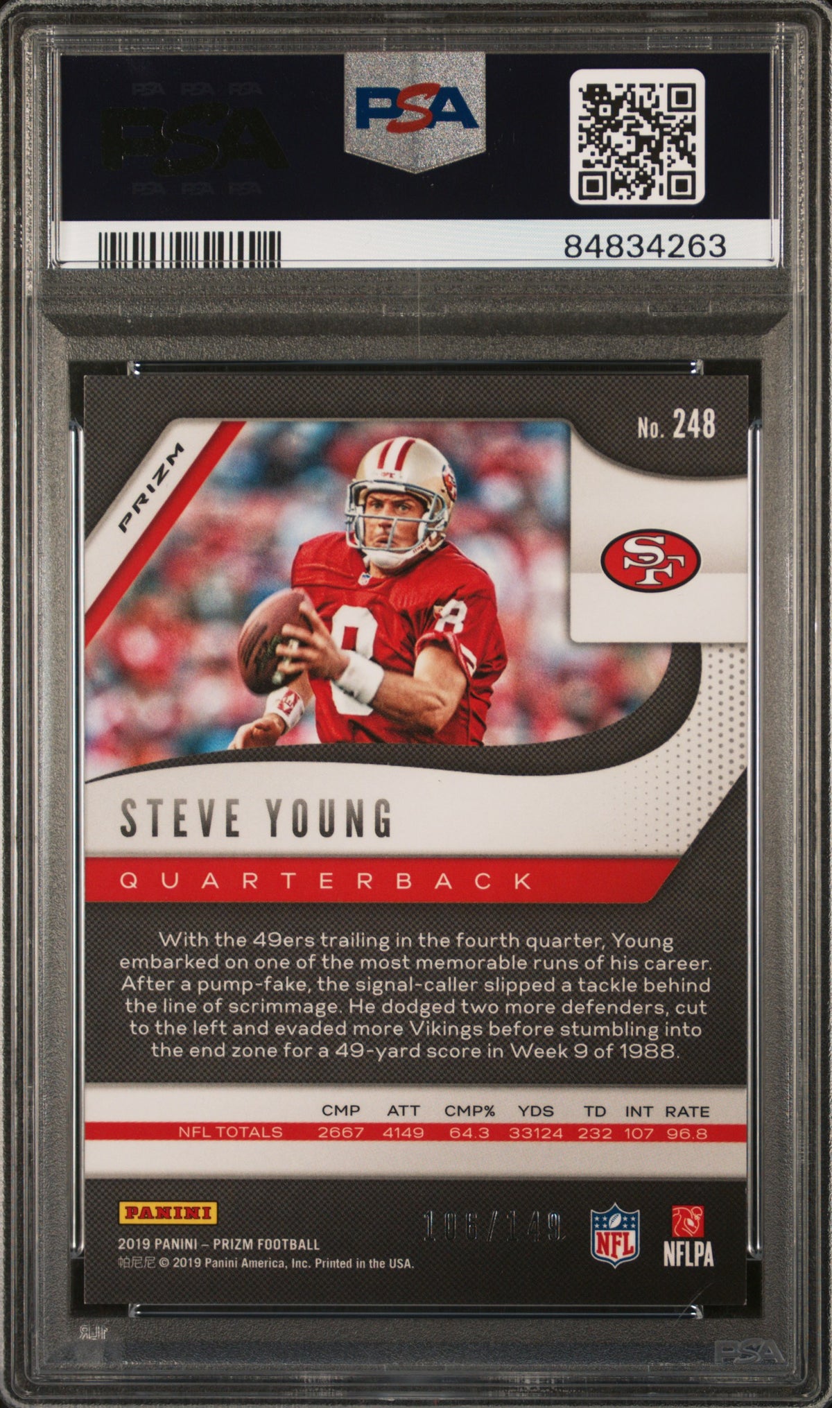 Steve Young 2019 Panini Prizm Red Wave Signed Card 248 Auto Graded PSA 8 106/149