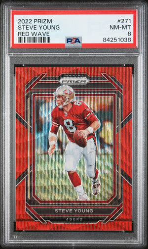 Steve Young 2022 Panini Prizm Red Wave Football Card #271 Graded PSA 8-Powers Sports Memorabilia