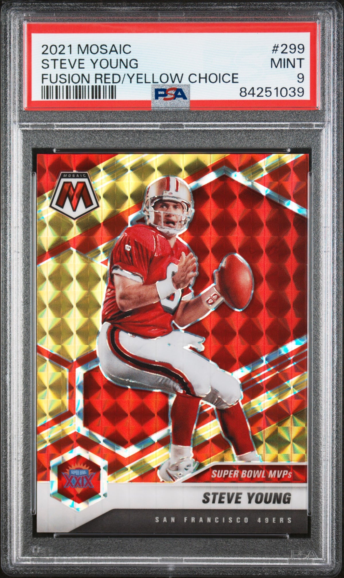 Steve Young 2021 Panini Mosaic Fusion Red Yellow Choice Card #299 PSA 9 65/80-Powers Sports Memorabilia
