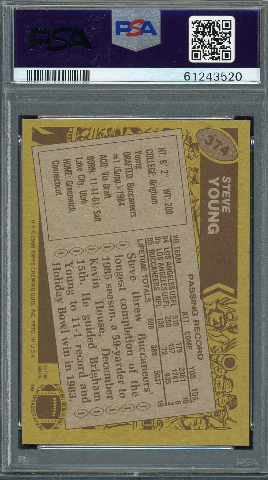 Steve Young 1986 Topps Football Rookie Card RC #374 Graded PSA 6-Powers Sports Memorabilia