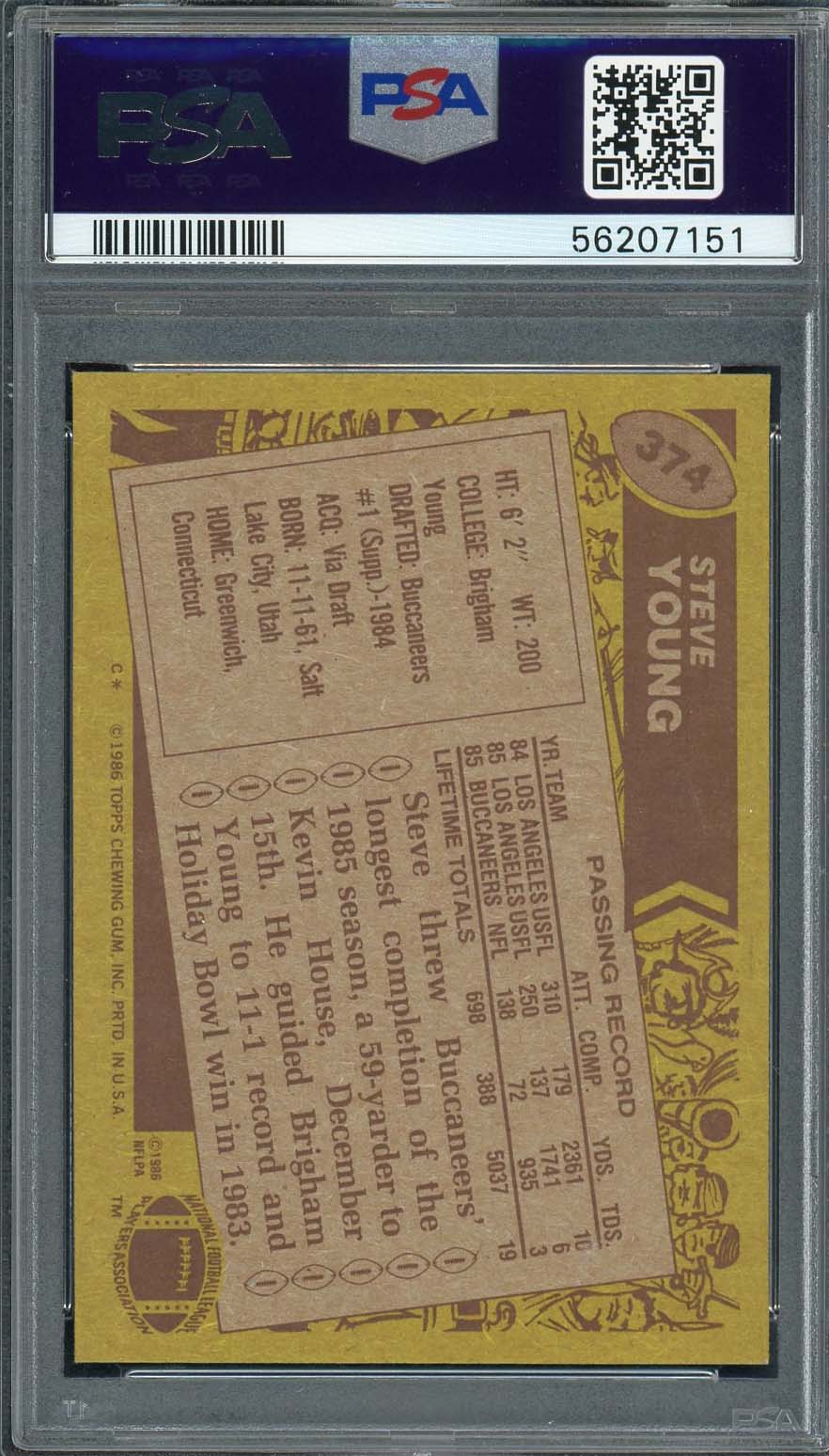 Steve Young 1986 Topps Football Rookie Card RC #374 Graded PSA 7-Powers Sports Memorabilia