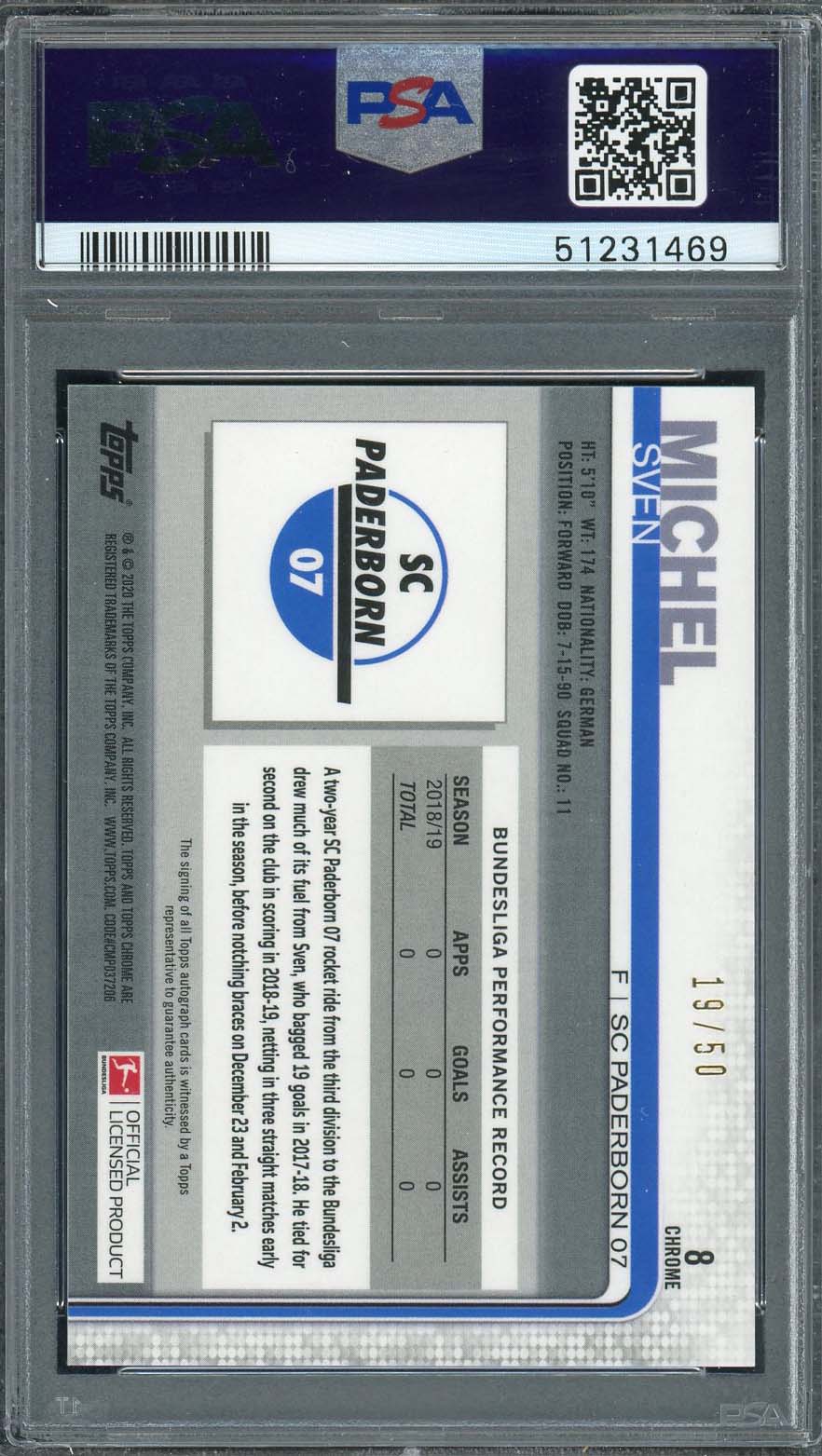 Sven Michel 2019 Topps Chrome Bundesliga Gold Refractor Auto Card #8 PSA 10 /50-Powers Sports Memorabilia