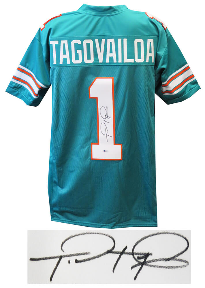 Tua Tagovailoa Autographed Teal Custom Football Jersey (Beckett)-Powers Sports Memorabilia