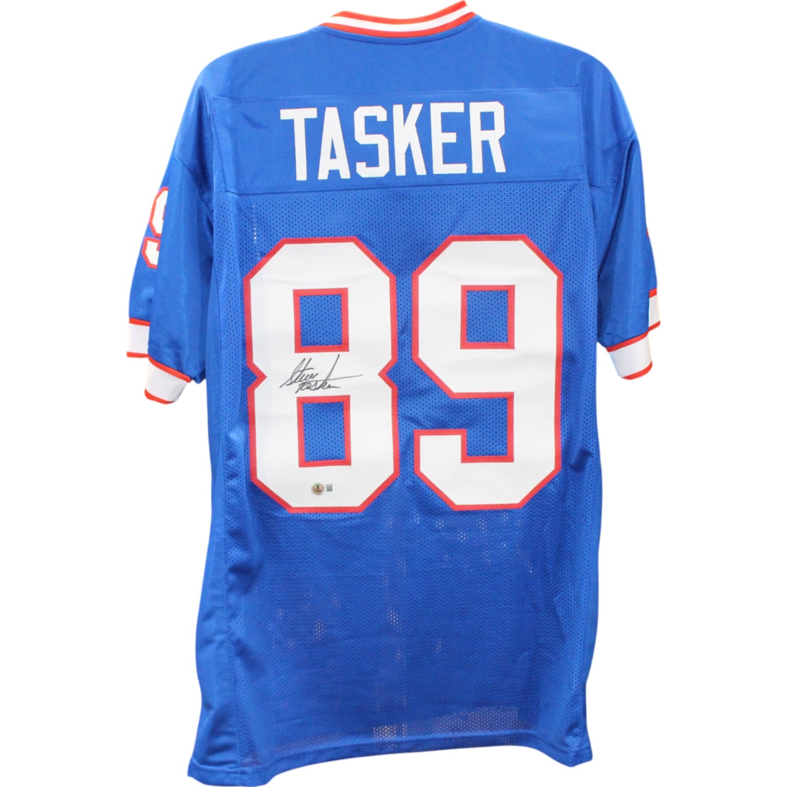 Steve Tasker Signed Pro Style Size XL Blue Jersey – Beckett Witness Authenticated-Powers Sports Memorabilia