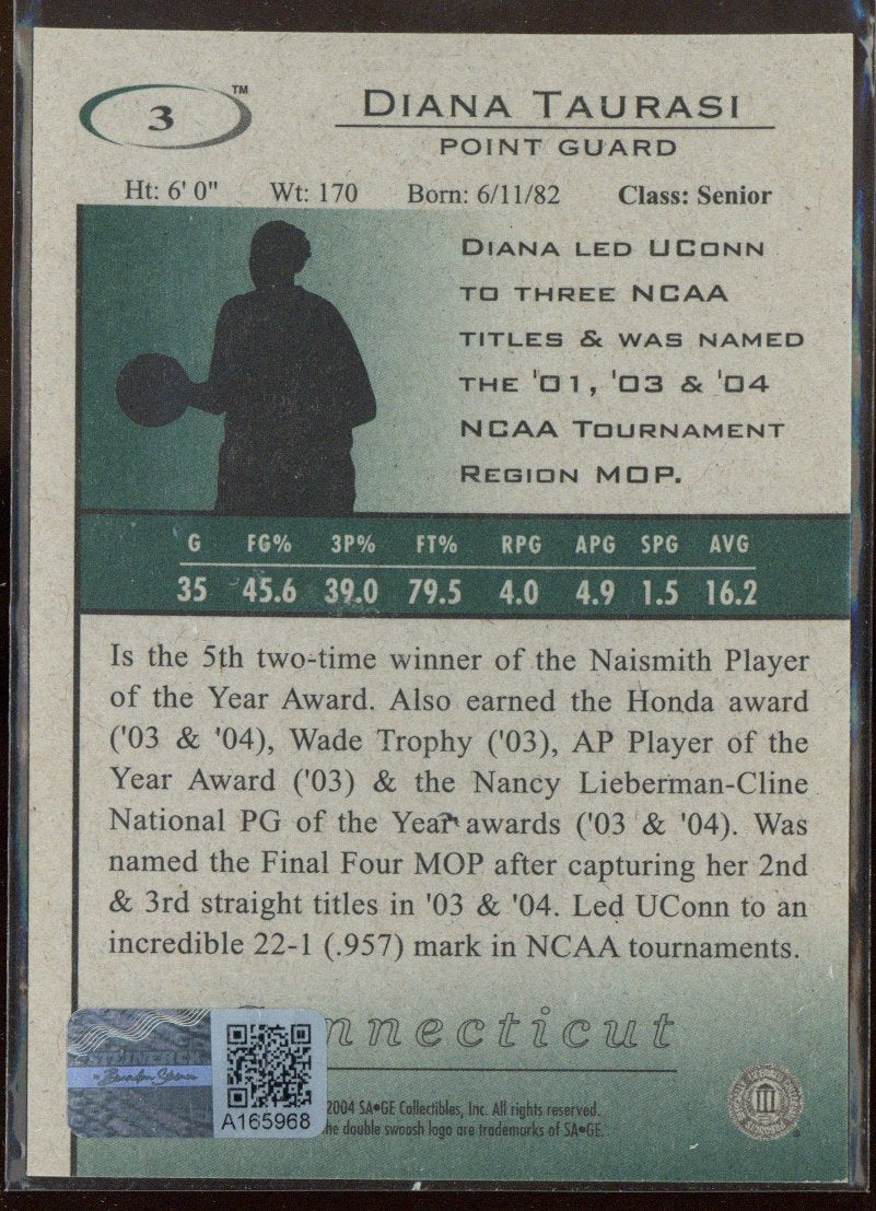 Diana Taurasi UConn Mercury Signed 2004 Rookie Sage HIT Card-Powers Sports Memorabilia