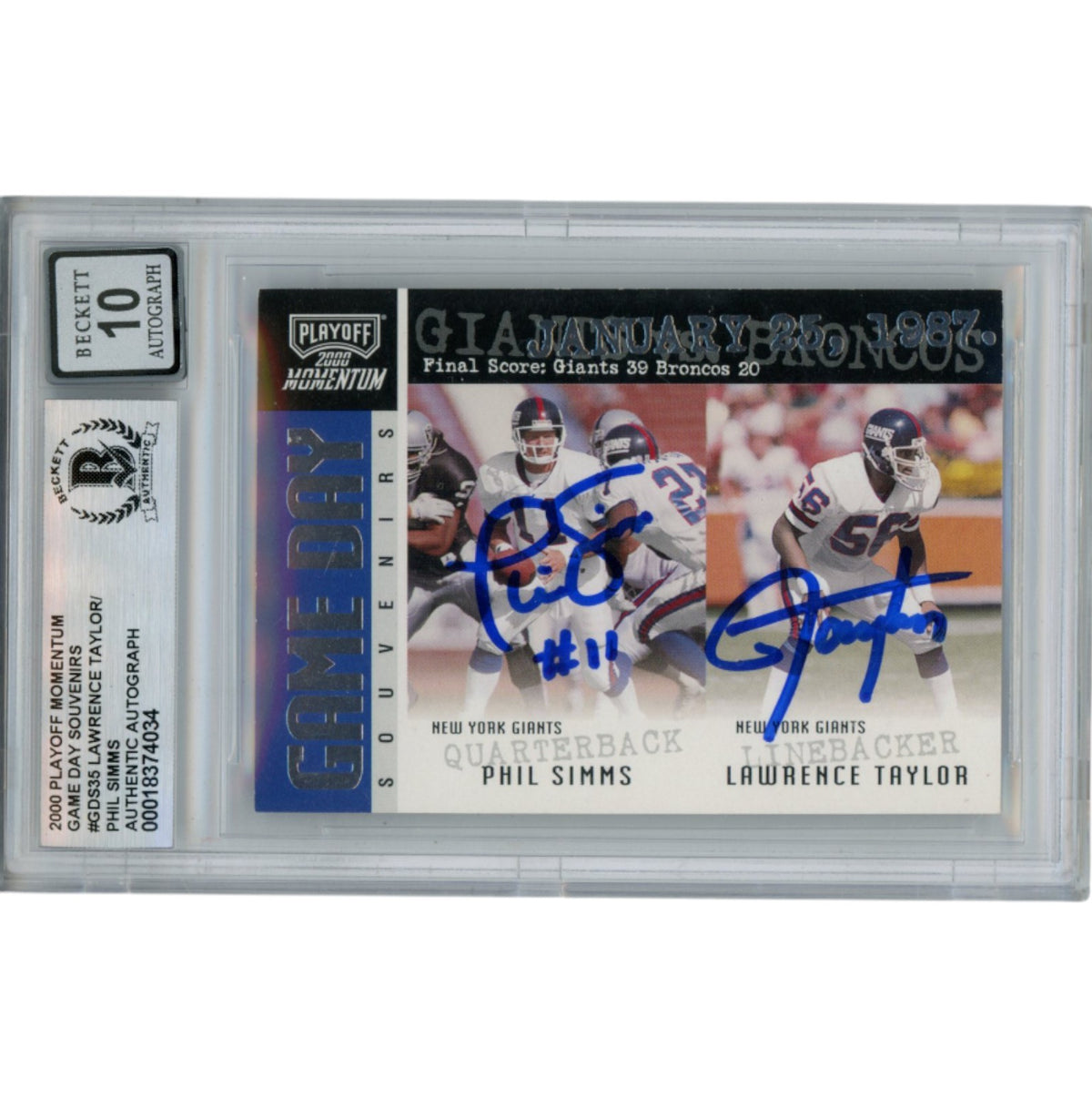 Lawrence Taylor Phil Simms New York Giants Signed Card - 2000 Playoff Slab Beckett Beckett-Powers Sports Memorabilia