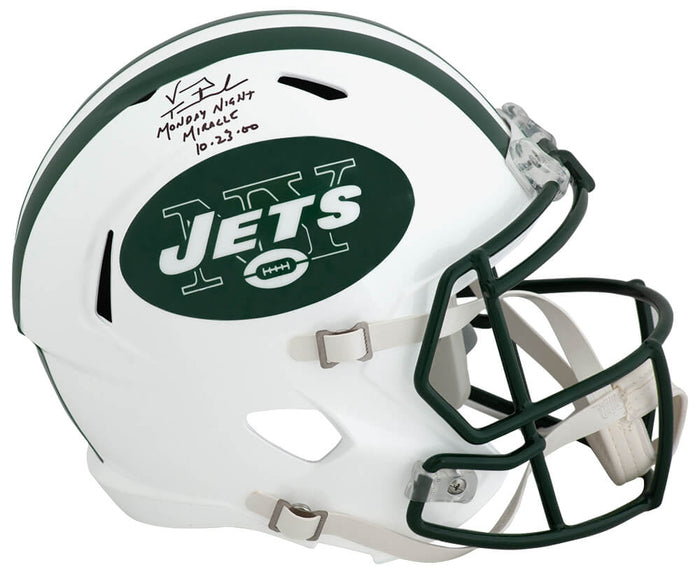 Vinny Testaverde Autographed NY Jets White T/B Riddell Full Size Speed Replica Helmet with Monday Night Miracle 10-23-00-Powers Sports Memorabilia