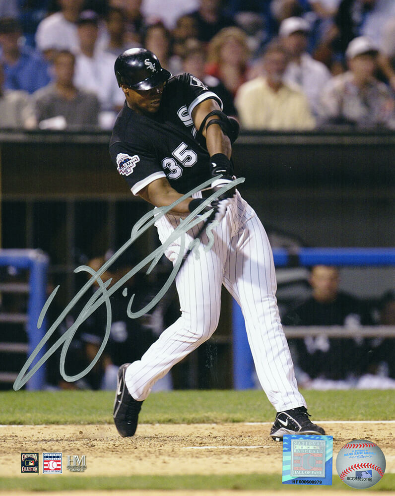 Frank Thomas Autographed Chicago White Sox Black Jersey Swinging Action 8x10 Photo-Powers Sports Memorabilia