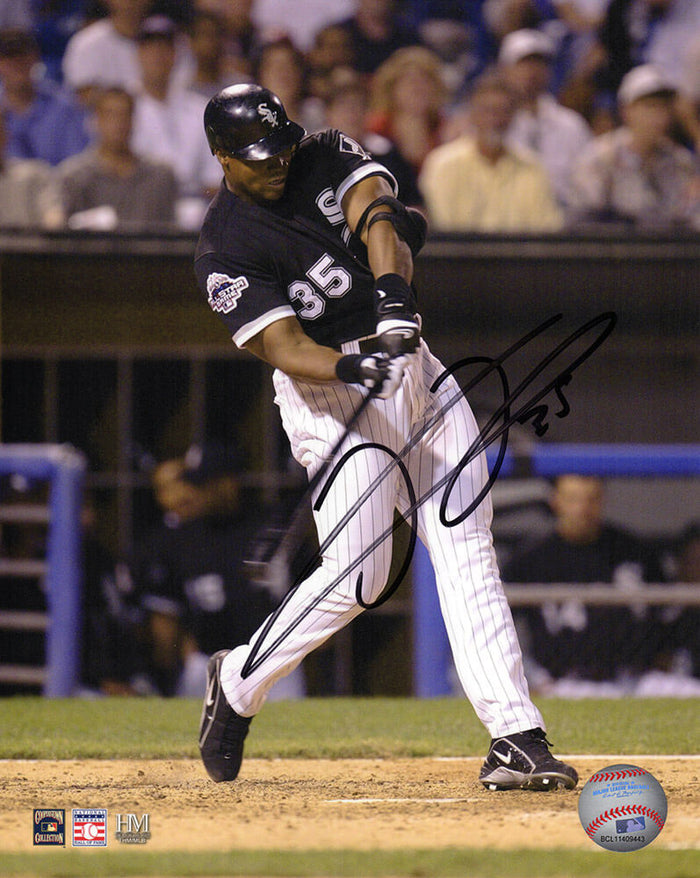 Frank Thomas Autographed White Sox Black Jersey Swinging 8x10 Photo-Powers Sports Memorabilia