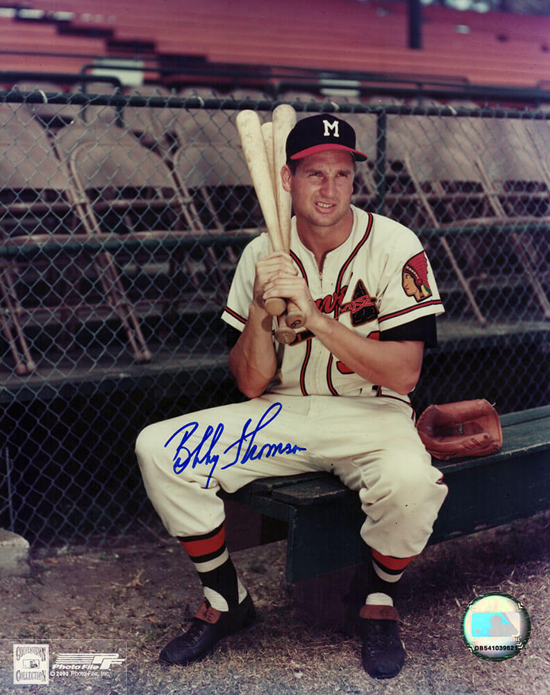 Bobby Thomson Autographed Milwaukee Braves Sitting Pose With Bat 8x10 Photo-Powers Sports Memorabilia