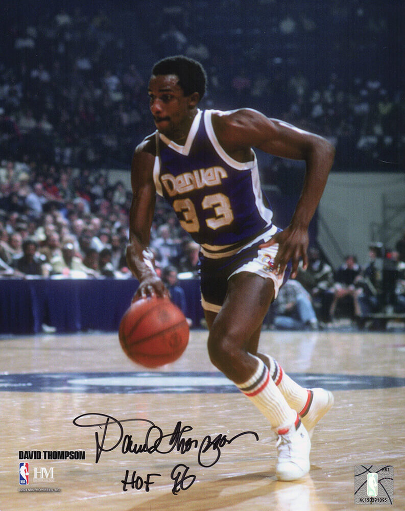 David Thompson Autographed Denver Nuggets Dribbling Action 8x10 Photo with HOF'96-Powers Sports Memorabilia