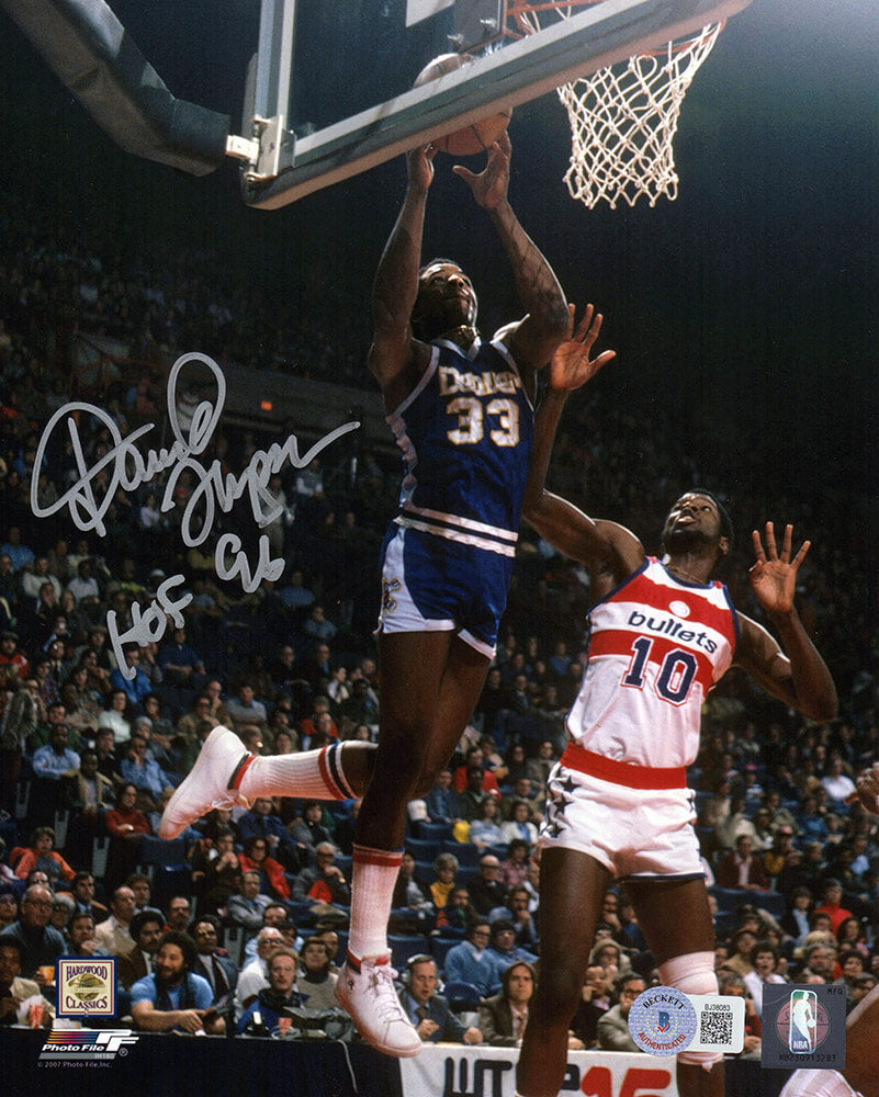 David Thompson Autographed Denver Nuggets Dunk vs Bullets 8x10 Photo with HOF'96 - (Beckett)-Powers Sports Memorabilia