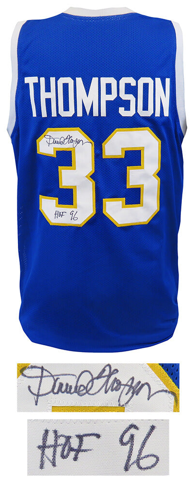 David Thompson Autographed Blue Throwback Custom Basketball Jersey with HOF'96-Powers Sports Memorabilia