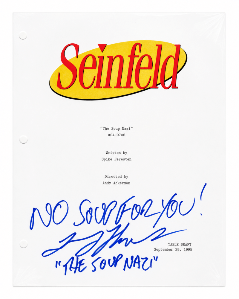 Larry Thomas Autographed Seinfeld The Soup Nazi Episode Script Cover Page with The Soup Nazi, No Soup For You-Powers Sports Memorabilia